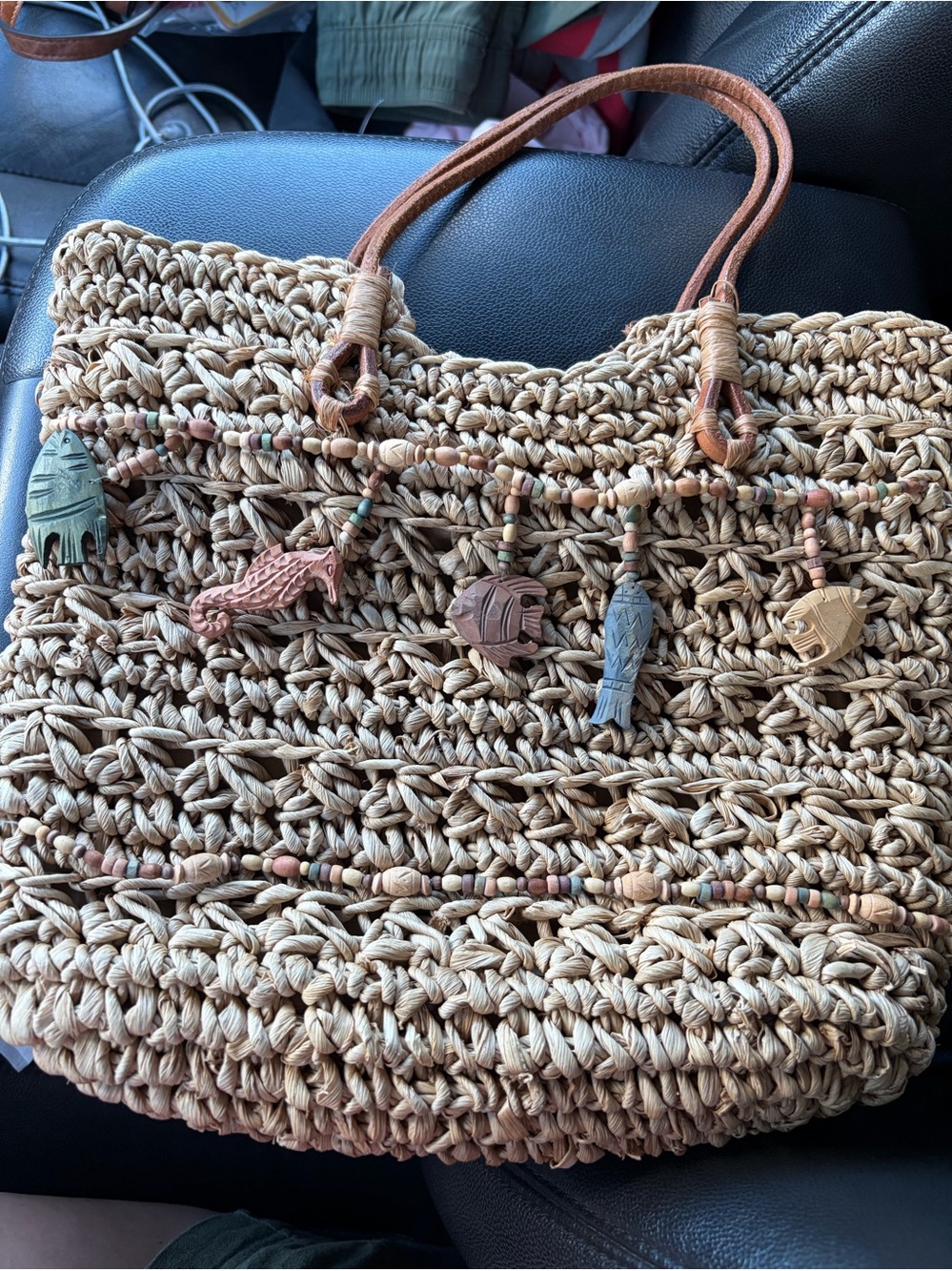 Natural Beige Woven Tote with sea creature charms